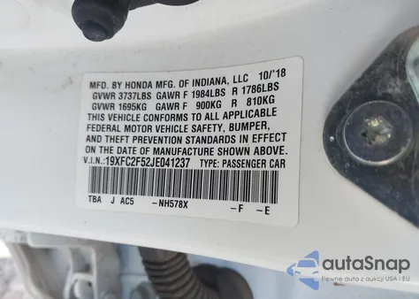 2018 Honda Civic Lx from USA, damaged, VIN 19XFC2F52JE041237